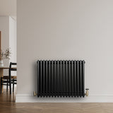 Traditional black 4 column radiator with a sleek finish, positioned against a neutral wall, featuring brass valves for a classic touch
