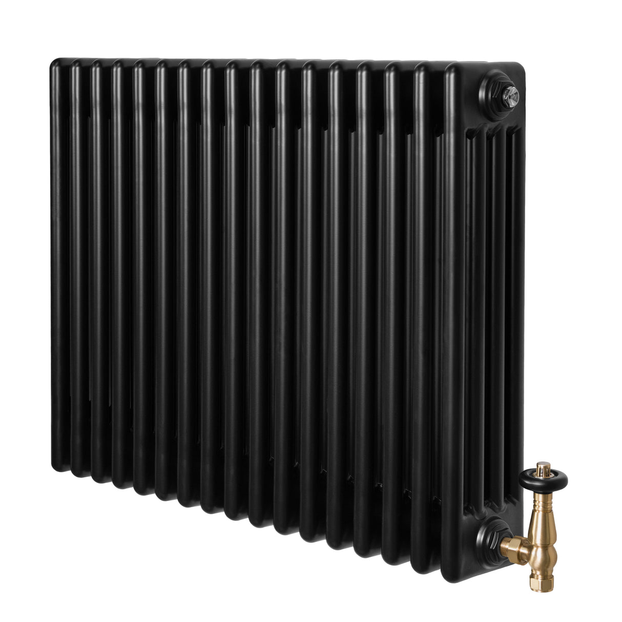 Traditional black 4 column radiator with a sleek finish, featuring a brass valve for stylish heating in any room