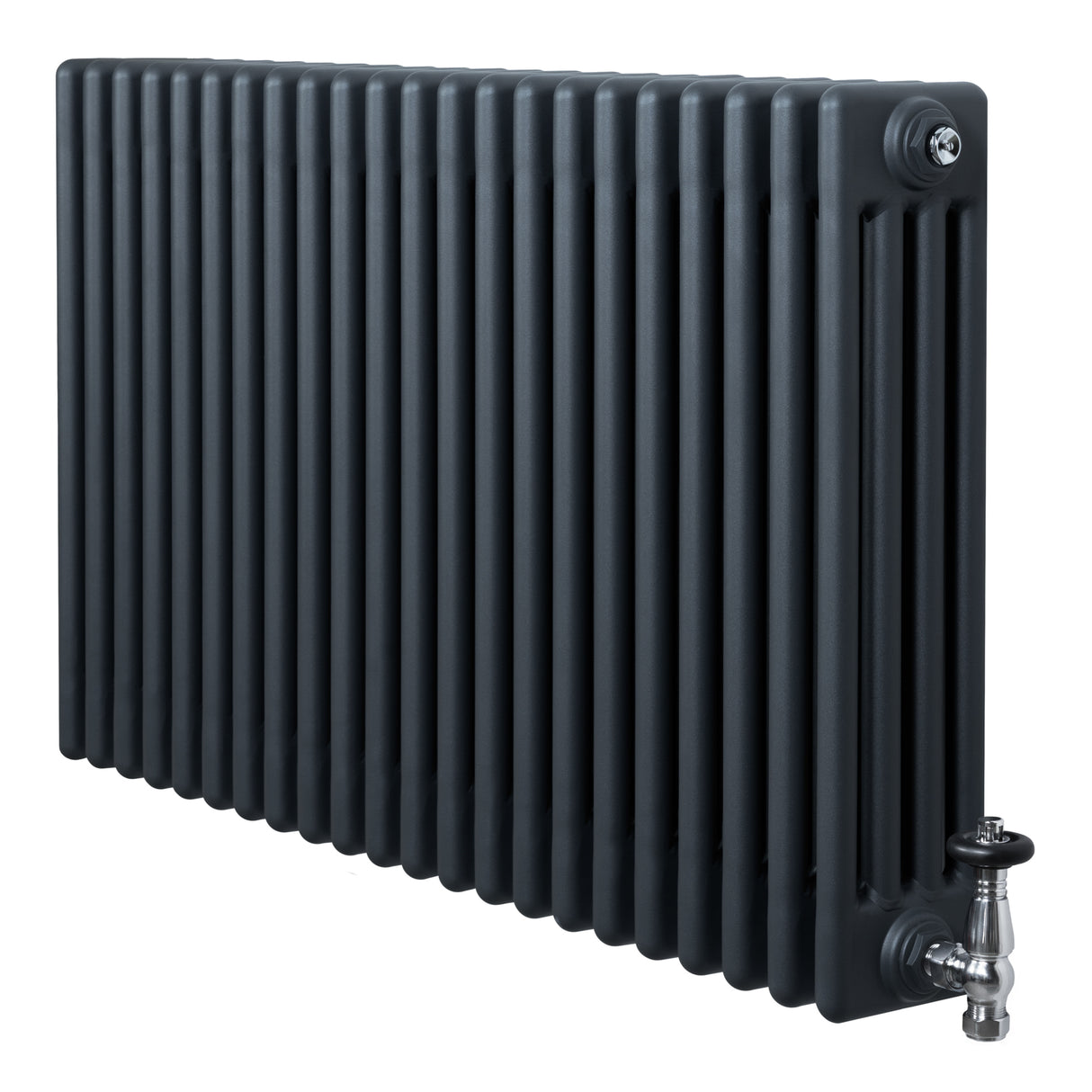 Traditional anthracite grey 4 column radiator with a sleek, textured finish and polished valves, measuring 600 x 1010mm