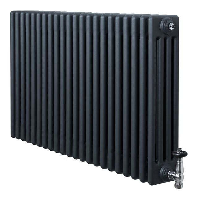 Traditional anthracite grey 4 column radiator with a sleek, textured finish and polished valves, measuring 600 x 1010mm