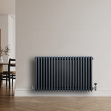 Traditional anthracite grey 4 column radiator with valves, featuring a sleek design and smooth finish, mounted on a light wall