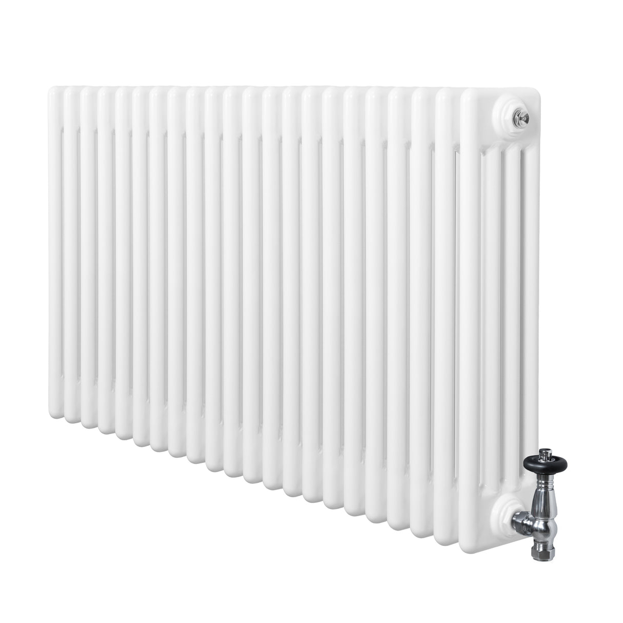 Traditional white 4 column radiator with a smooth finish, featuring sleek vertical lines and a chrome valve for efficient heating