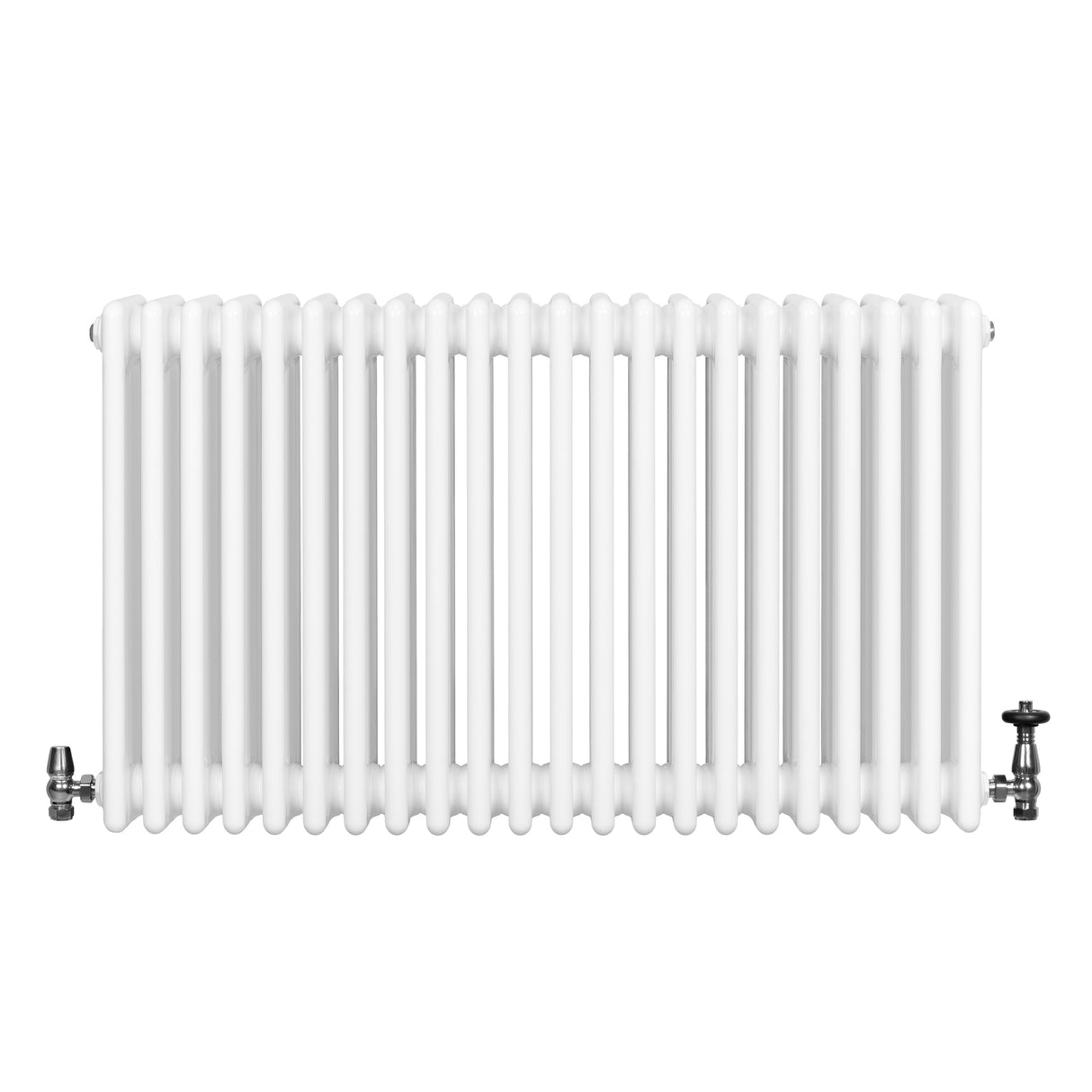 Traditional white 4 column radiator with a smooth finish, featuring rounded edges and side valves, ideal for classic interiors