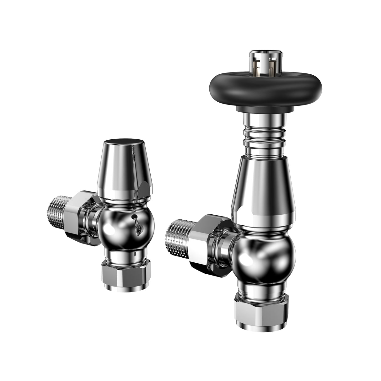 Polished chrome radiator valves with sleek design, featuring a round black handle and angular body for easy temperature control