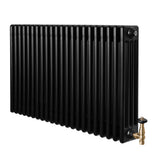 Traditional black 4 column radiator with a sleek, smooth finish and brass valves, measuring 600 x 1010mm, ideal for classic interiors