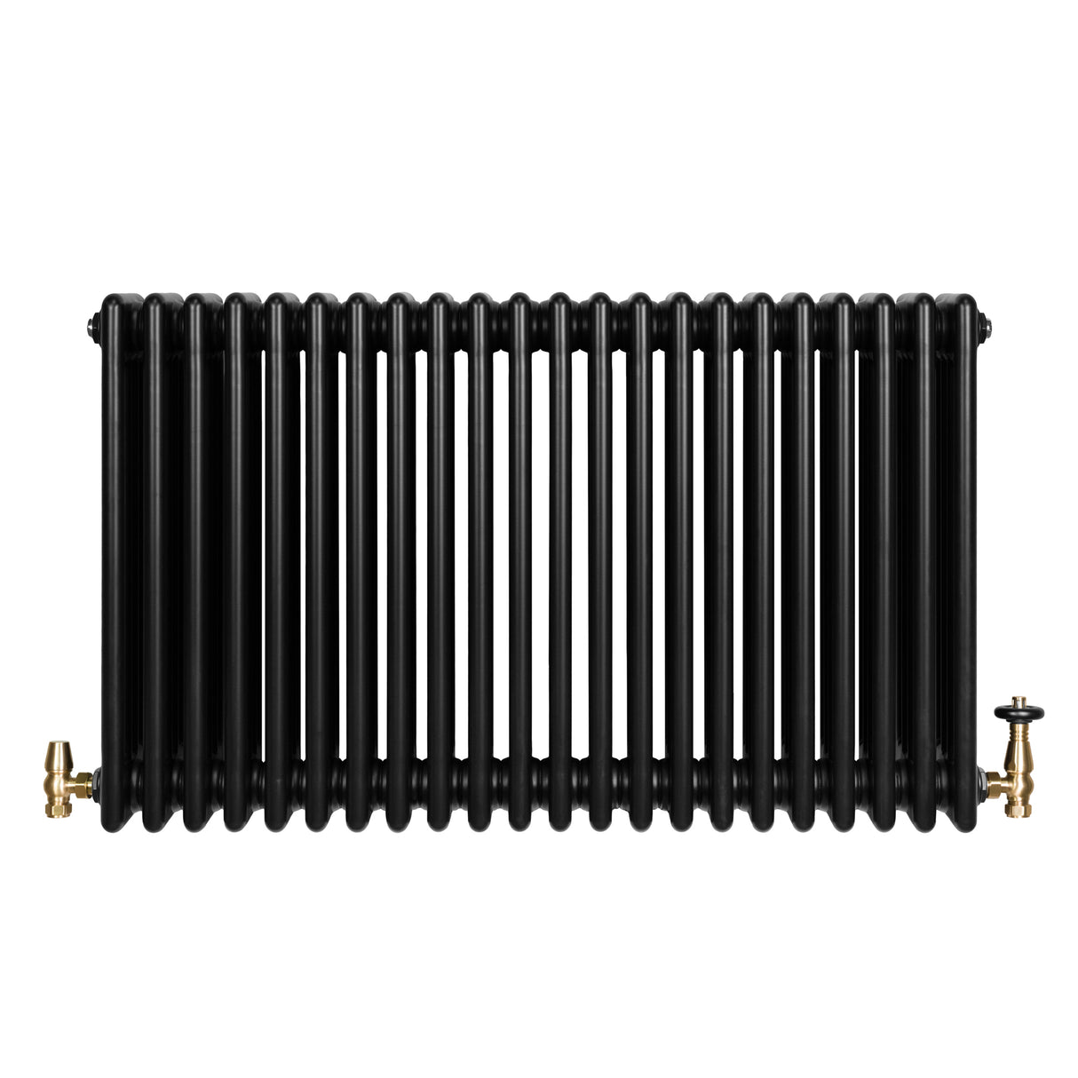 Traditional black 4 column radiator with a sleek design, featuring brass valves and a smooth, glossy finish, measuring 600 x 1010mm