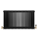 Traditional black 4 column radiator with a sleek design, featuring brass valves and a smooth, glossy finish, measuring 600 x 1010mm