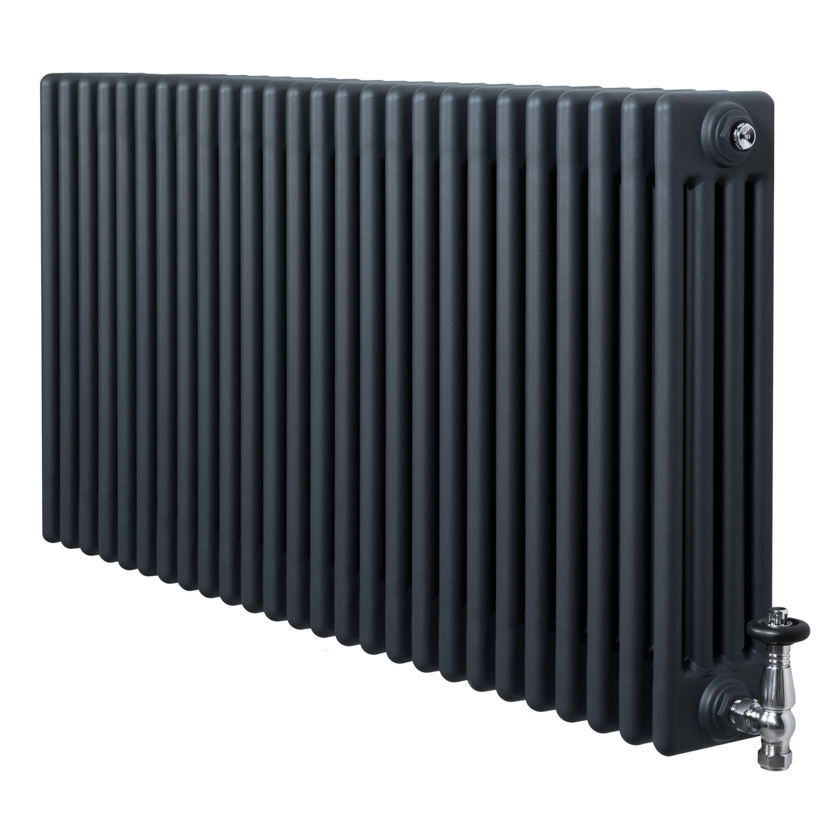 Traditional 4 column radiator in anthracite grey, featuring a sleek design with vertical lines and chrome valves for modern decor
