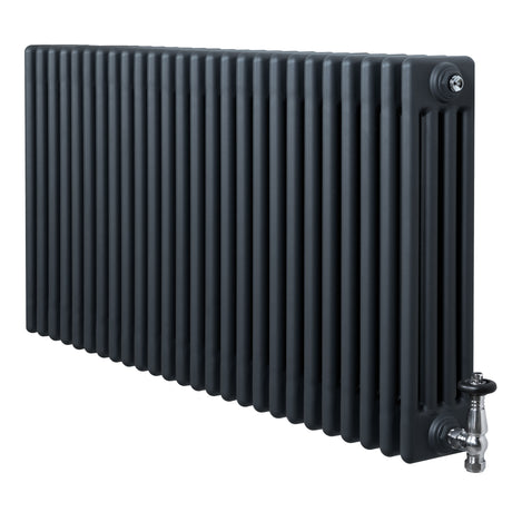 Traditional 4 column radiator in anthracite grey, featuring a sleek design with vertical lines and chrome valves for modern decor