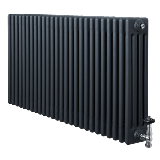 Traditional 4 column radiator in anthracite grey, featuring a sleek design with vertical lines and chrome valves for modern decor