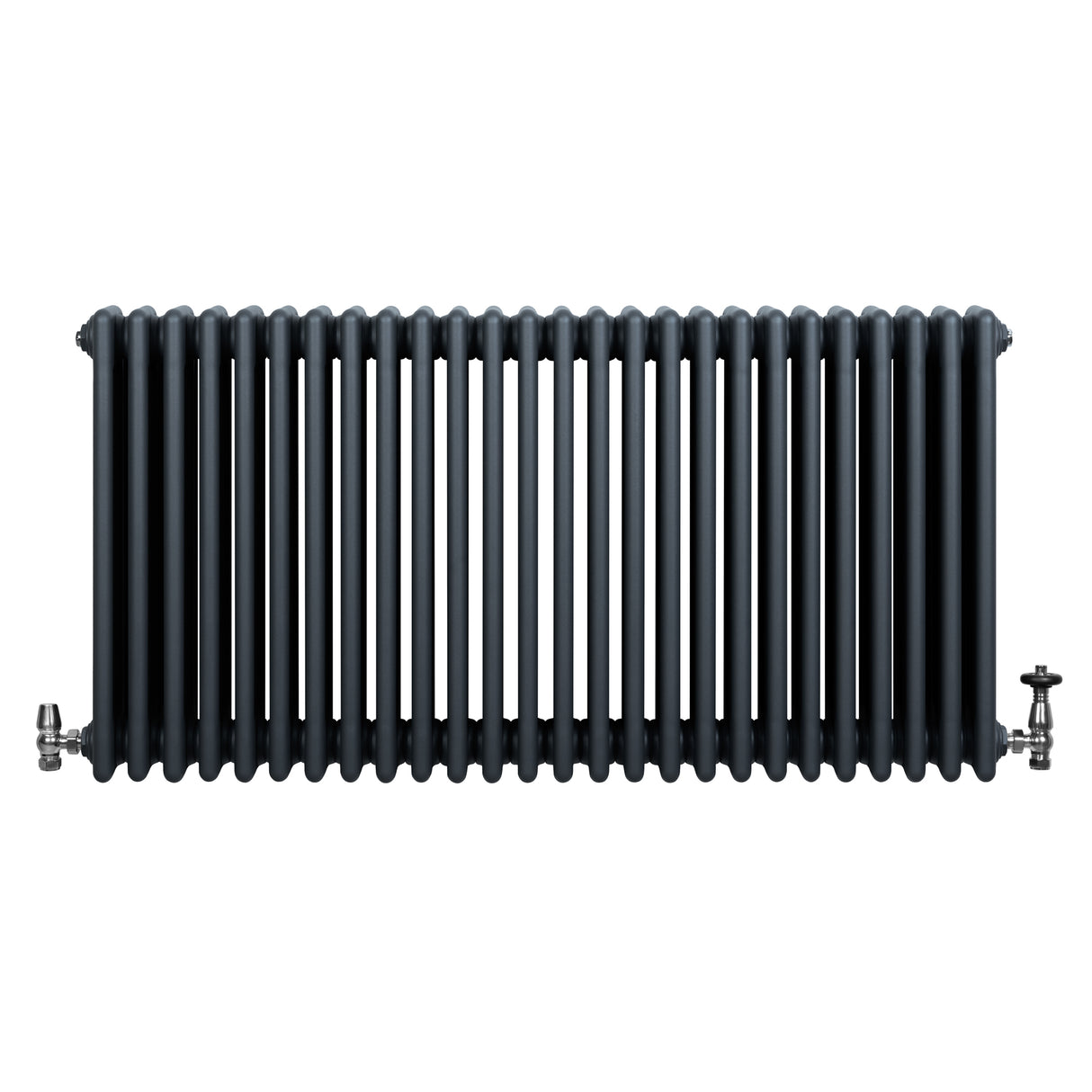 Traditional anthracite grey 4 column radiator with a sleek, vertical design and polished valves, ideal for modern interiors