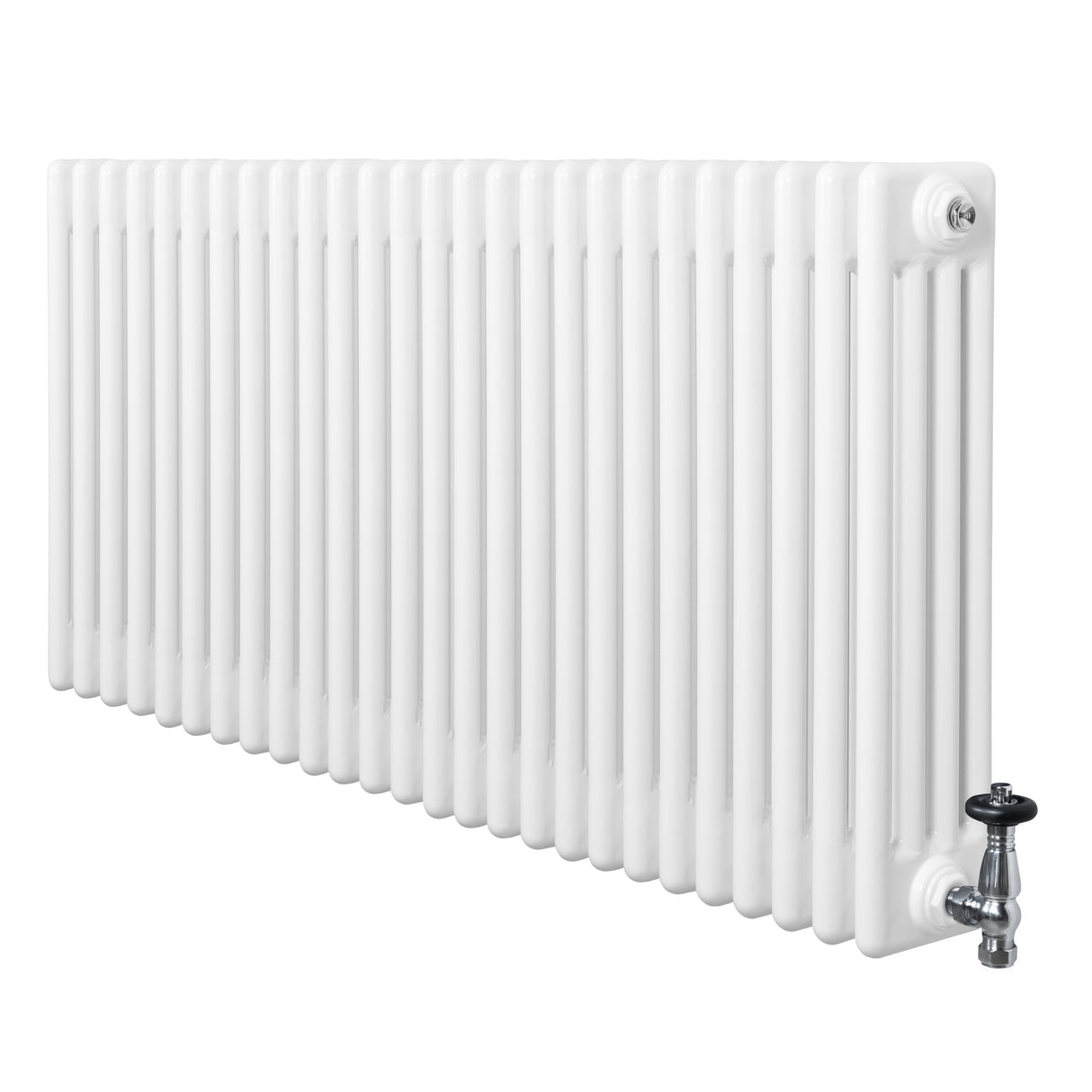 Traditional white 4 column radiator with a smooth finish, featuring a shiny valve on the right side for easy temperature control