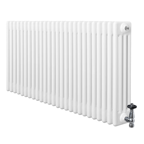 Traditional white 4 column radiator with a smooth finish, featuring a shiny valve on the right side for easy temperature control
