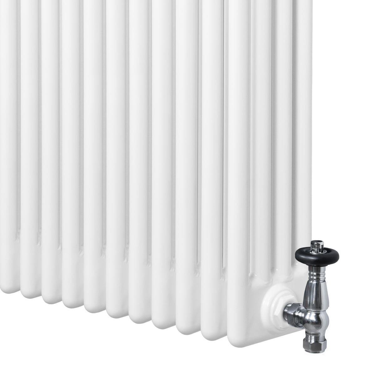 Traditional white 4 column radiator with a sleek finish, featuring chrome valves and a smooth, textured surface for efficient heating
