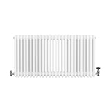 Traditional white 4 column radiator with smooth, glossy finish and chrome valves, measuring 600 x 1190mm, ideal for classic interiors