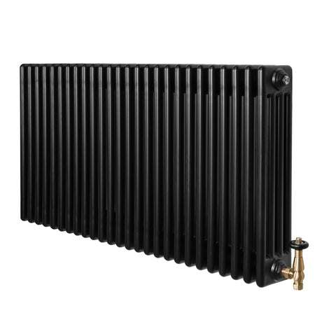 Traditional black 4 column radiator with a sleek, smooth finish and brass valves, measuring 600 x 1190mm, ideal for classic interiors