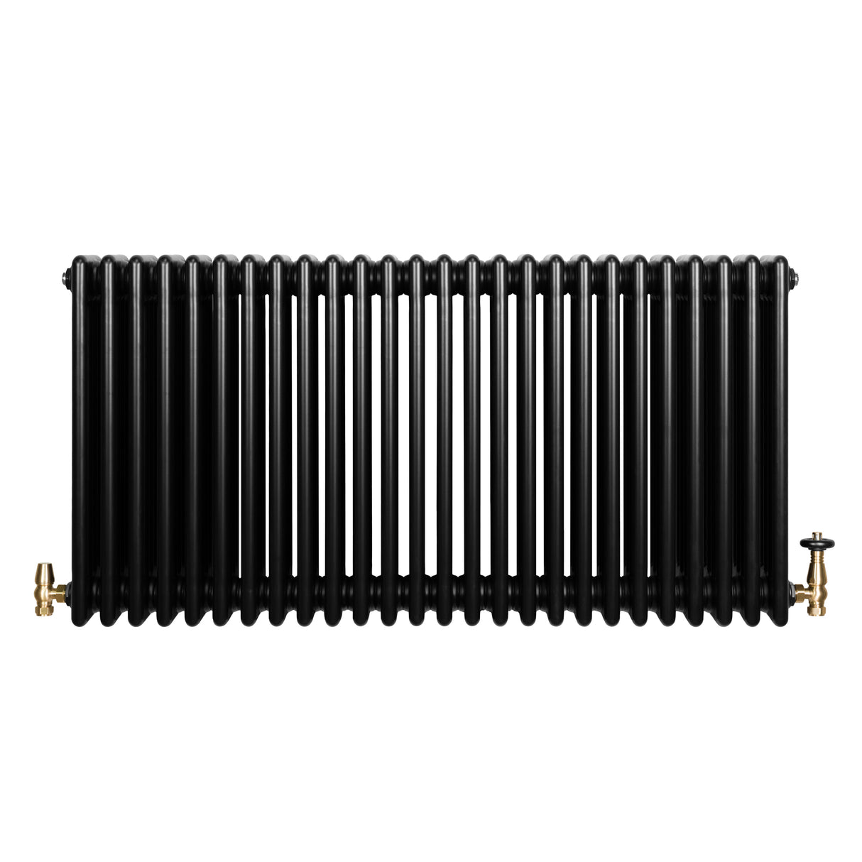 Traditional black 4 column radiator with a sleek, smooth finish and brass valves, measuring 600 x 1190mm, ideal for classic interiors