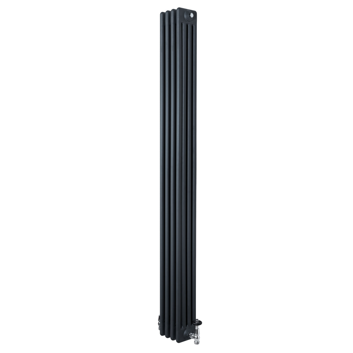 Traditional 4 column radiator in anthracite grey, featuring a sleek vertical design with textured fins and integrated valves