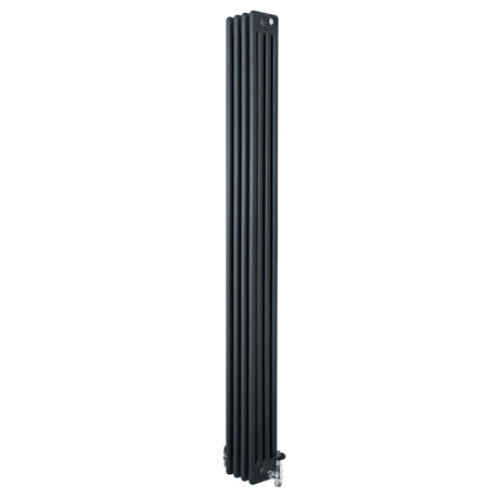 Traditional 4 column radiator in anthracite grey, featuring a sleek vertical design with textured fins and integrated valves