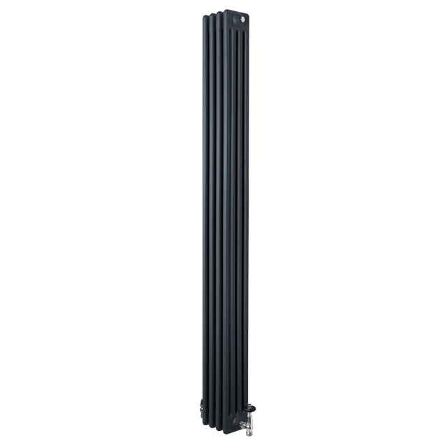 Traditional 4 column radiator in anthracite grey, featuring a sleek vertical design with textured fins and integrated valves