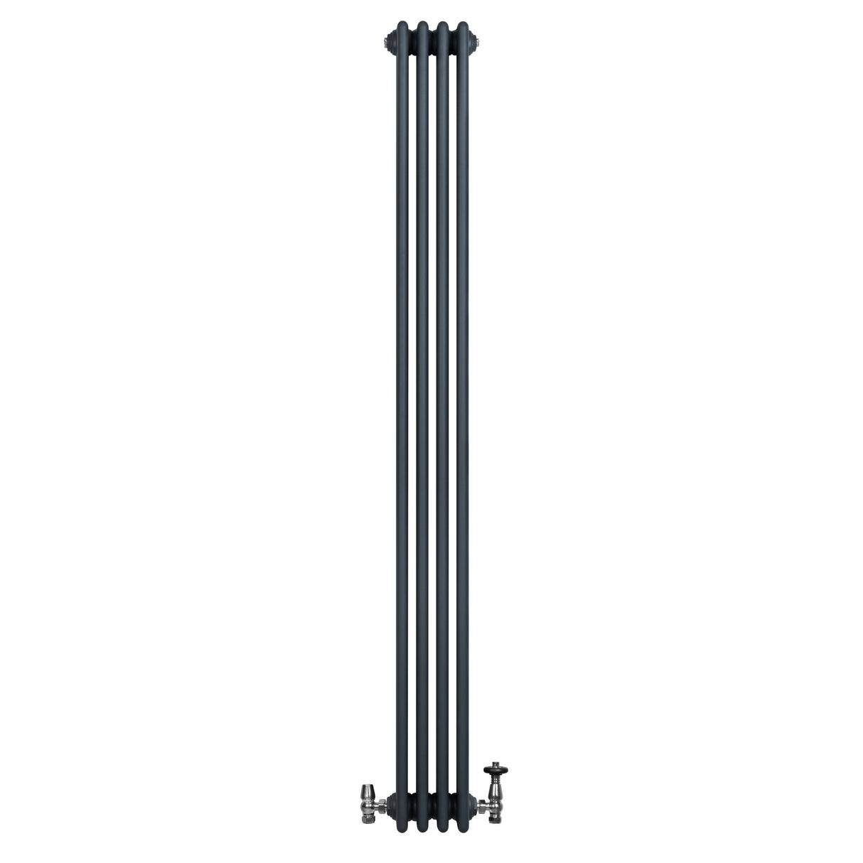 Traditional anthracite grey 4 column radiator, 1800 x 200mm, featuring sleek vertical lines and modern valve fittings