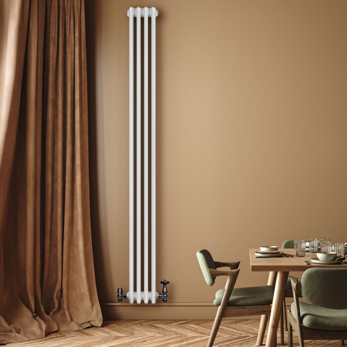 Traditional white 4 column radiator with valves, elegantly mounted on a warm beige wall, complementing a modern dining area