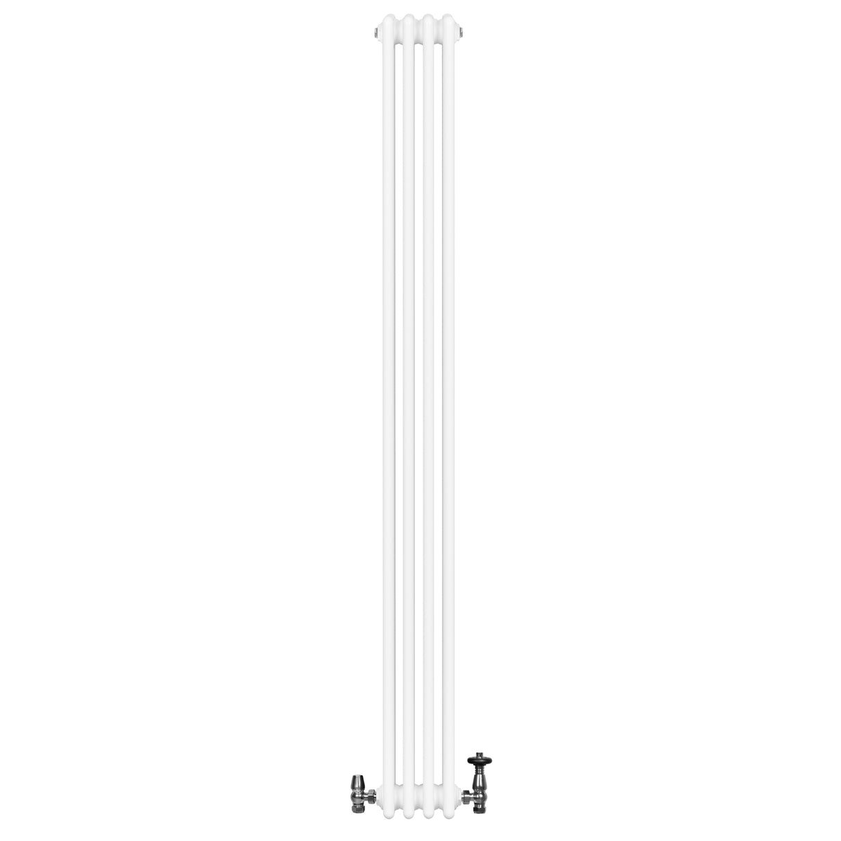 Traditional white 4 column radiator with a smooth finish, measuring 1800 x 200mm, featuring chrome valves for efficient heating