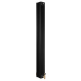 Traditional black 4 column radiator with a sleek vertical design, featuring brass valves and a smooth, matte finish