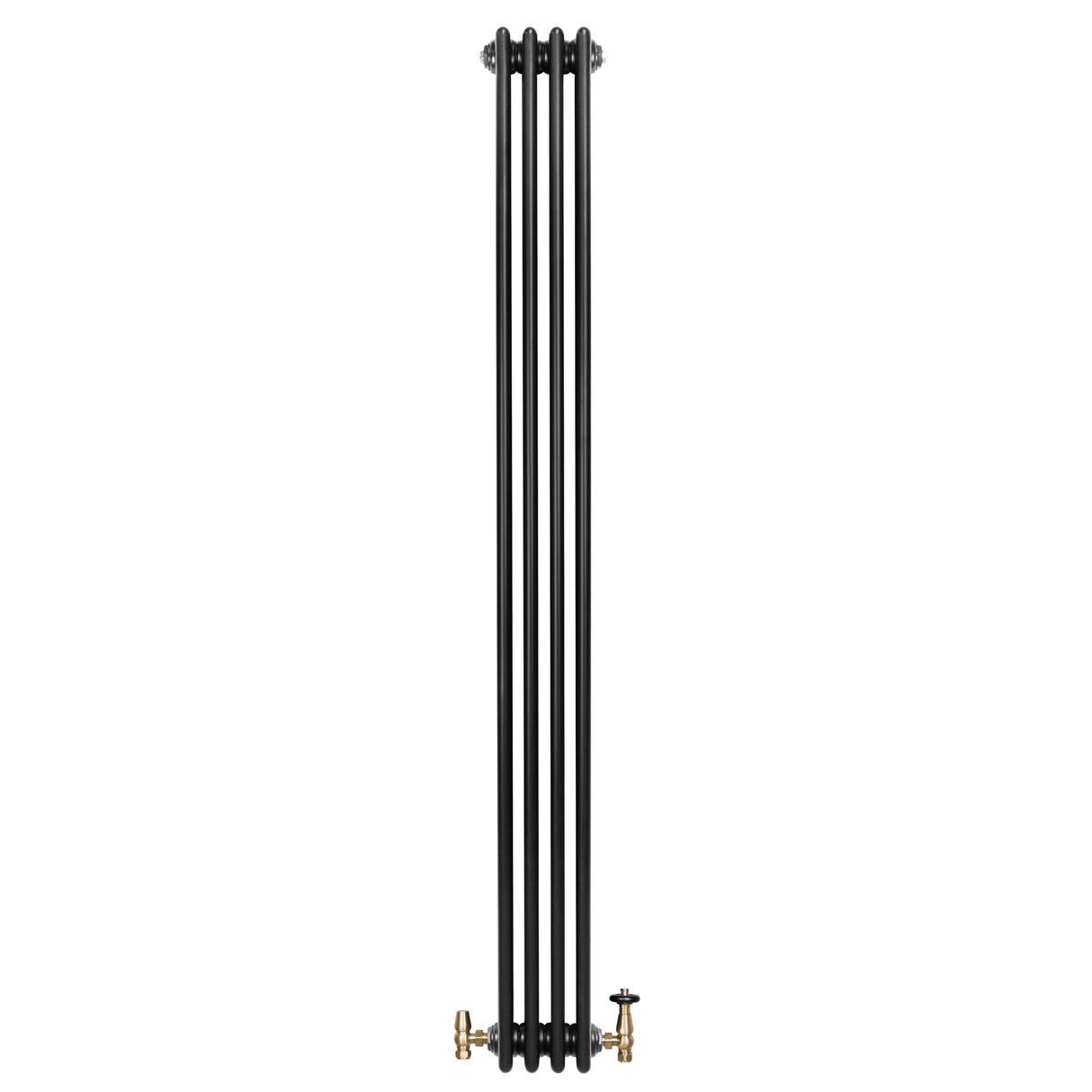 Traditional black 4 column radiator with a sleek vertical design, featuring brass valves for efficient heating and style