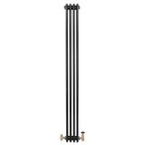 Traditional black 4 column radiator with a sleek vertical design, featuring brass valves for efficient heating and style