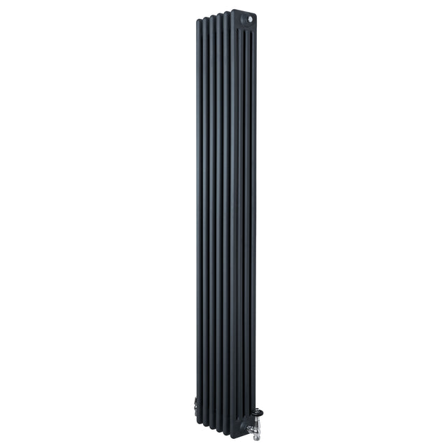 Tall anthracite grey traditional 4 column radiator with a sleek vertical design and polished valves, ideal for modern interiors
