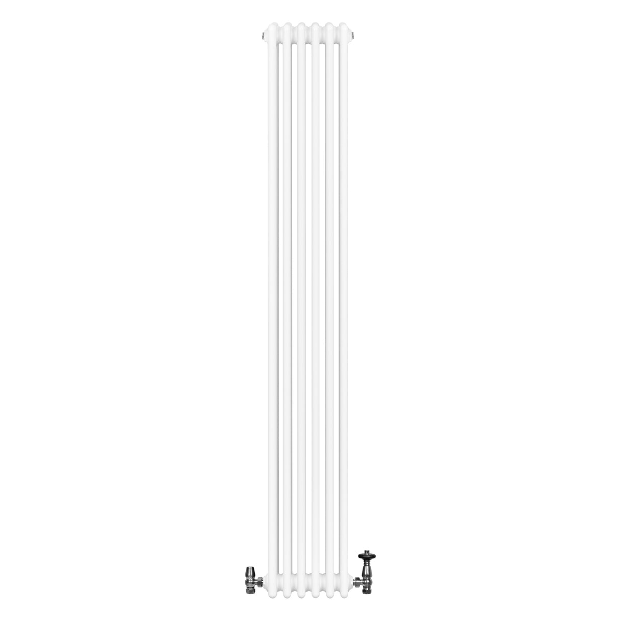 Traditional white 4 column radiator with smooth, glossy finish and valves, measuring 1800 x 290mm, ideal for classic interiors