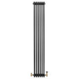 Traditional black 4 column radiator with a sleek vertical design, featuring brass valves and a smooth, matte finish