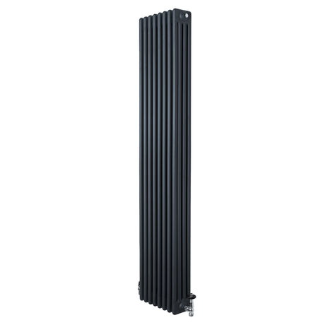 Traditional 4 column radiator in anthracite grey, featuring a sleek vertical design with smooth, textured surface and chrome valves