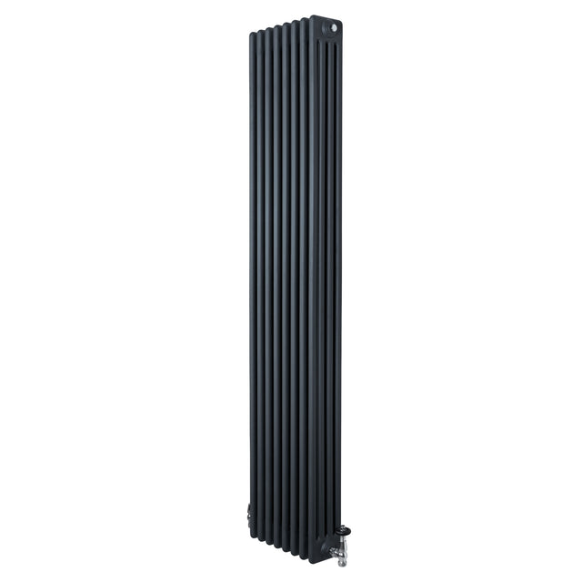Traditional 4 column radiator in anthracite grey, featuring a sleek vertical design with smooth, textured surface and chrome valves