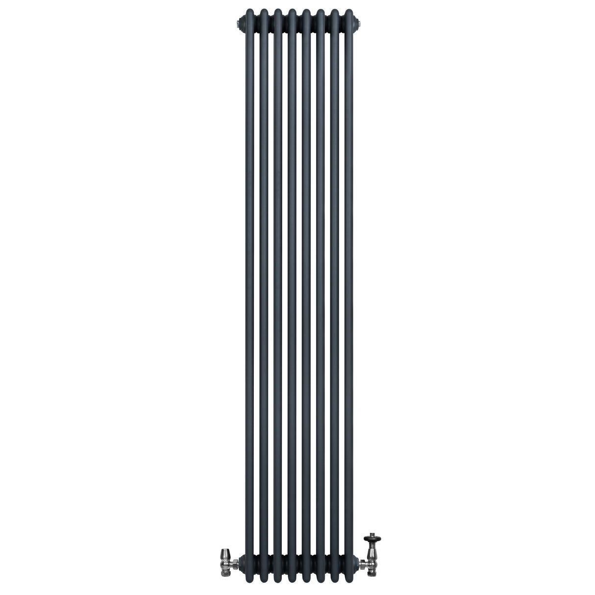 Traditional 4 column radiator in anthracite grey, featuring a sleek vertical design with smooth, matte finish and chrome valves