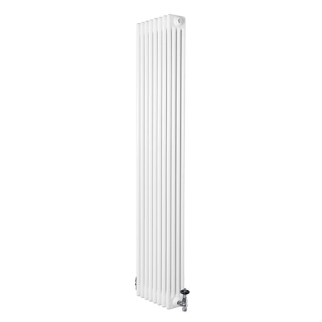 Traditional white 4 column radiator with a sleek vertical design, measuring 1800 x 380mm, featuring polished valves and a smooth finish