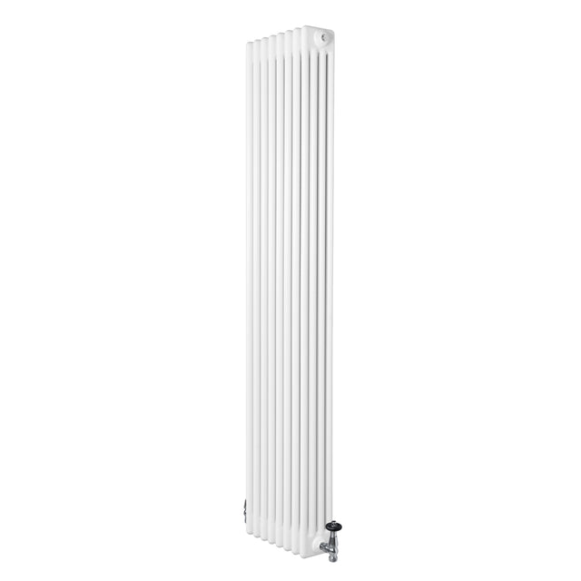 Traditional white 4 column radiator with a sleek vertical design, measuring 1800 x 380mm, featuring polished valves and a smooth finish