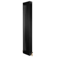 Sleek black traditional 4 column radiator with a smooth finish, measuring 1800 x 380mm, featuring elegant brass valves