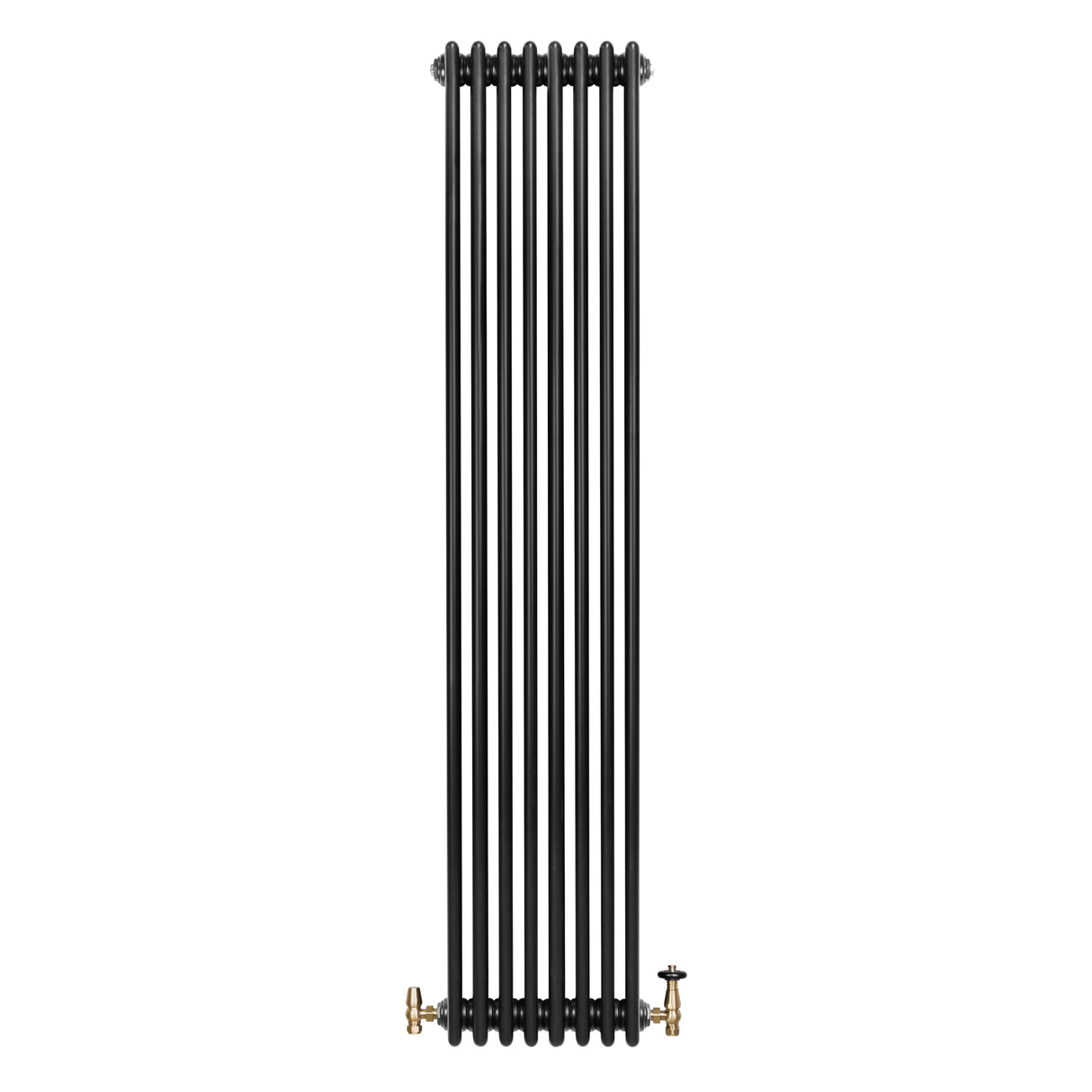Traditional black 4 column radiator with a sleek vertical design, featuring brass valves at the bottom for easy installation