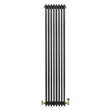 Traditional black 4 column radiator with a sleek vertical design, featuring brass valves at the bottom for easy installation
