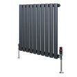 Anthracite grey oval single column radiator with sleek vertical bars and polished valves, standing on sturdy metal feet