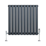 Anthracite grey oval single column radiator with sleek vertical bars and chrome valves, designed for modern interiors, 600mm x 600mm