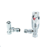 Chrome radiator valves with a sleek, modern design, featuring a rounded top and a threaded connector for easy installation