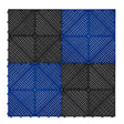 Vented garage floor tiles in a checkerboard pattern, featuring alternating black and blue colors with textured surfaces for grip