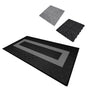 Vented garage floor tiles in black and grey, featuring a textured surface and interlocking edges for easy installation and durability