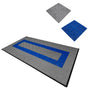 Vented garage floor tiles in grey with blue edges, featuring a textured surface for grip and durability, ideal for garages and workshops