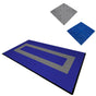 Vented garage floor tiles in blue and grey, featuring a textured surface, interlocking edges, and a modern geometric design