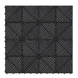Vented black garage floor tiles arranged in a grid, featuring a textured surface with diagonal patterns for enhanced grip and drainage