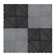 Vented garage floor tiles in alternating black and grey, featuring a textured surface and interlocking edges for easy installation